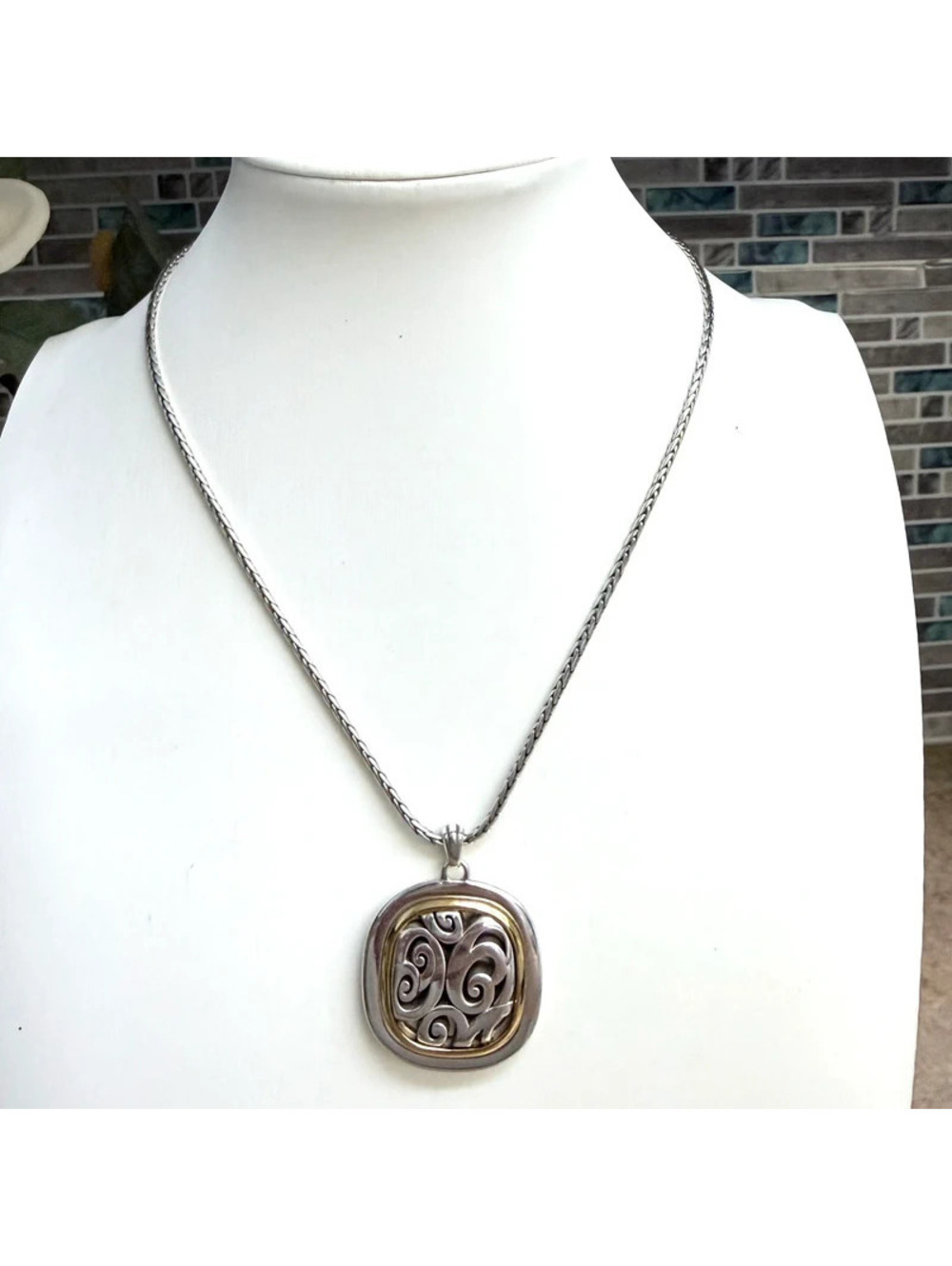 Brighton Spin Master Reversible Mixed Metal Scroll Pendant Necklace Two Tone